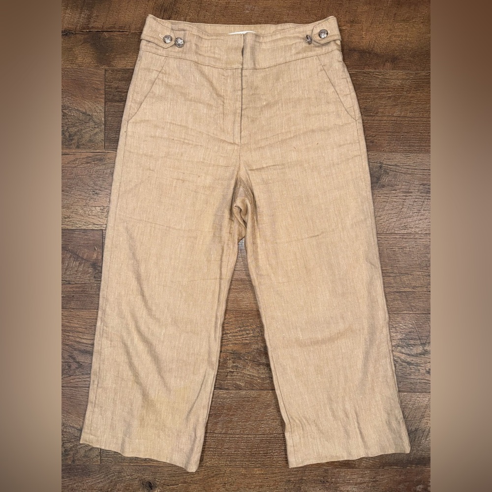 Veronica Beard Aubrie Women’s Khaki Linen-Blend Wide Leg Cropped Pants in Beige - Picture 6 of 16